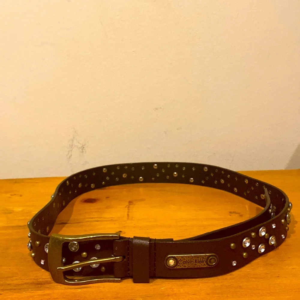 Calvin Klein Western Style Belt with Crystals and Matte Brass Color Findings M